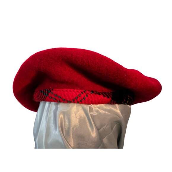 Beret Red Berry Wool Plaid Trim Sz 7/M Preston & York Scottish Plaid Celtic - Picture 3 of 9
